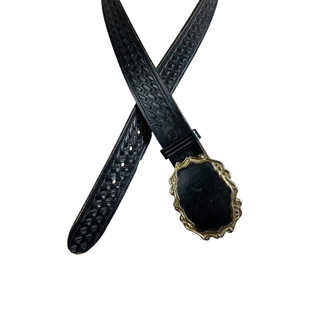 Looper Black Woven-Look Embossed Leather Belt w/ Leather & Gold Buckle  Size 32